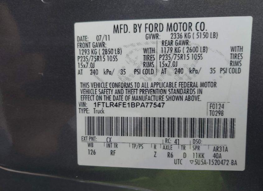 Photo 9 of 2011 Ford Ranger XLT (VIN 1FTLR4FE1BPA77547)