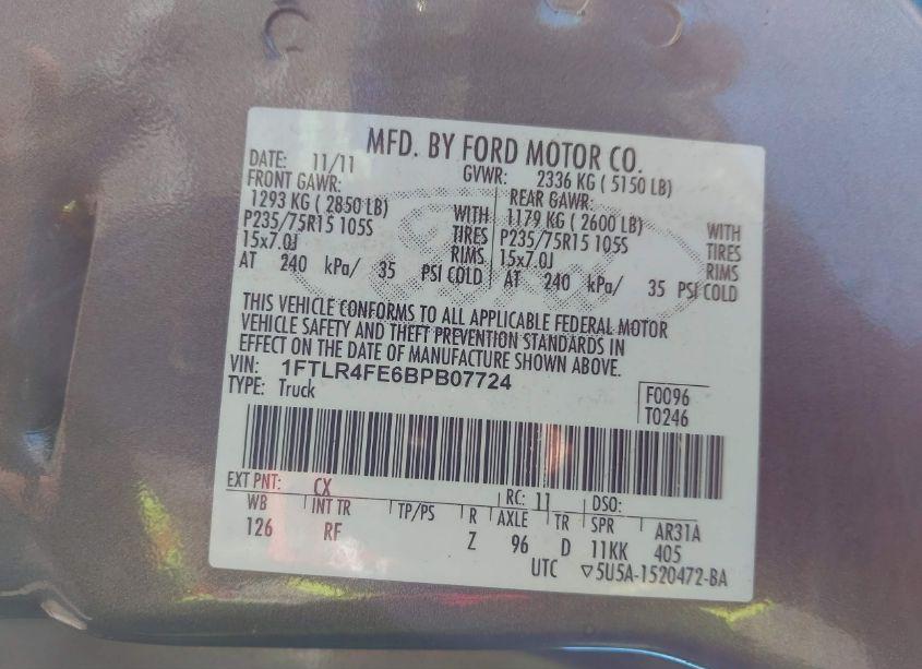 Photo 9 of 2011 Ford Ranger XLT (VIN 1FTLR4FE6BPB07724)