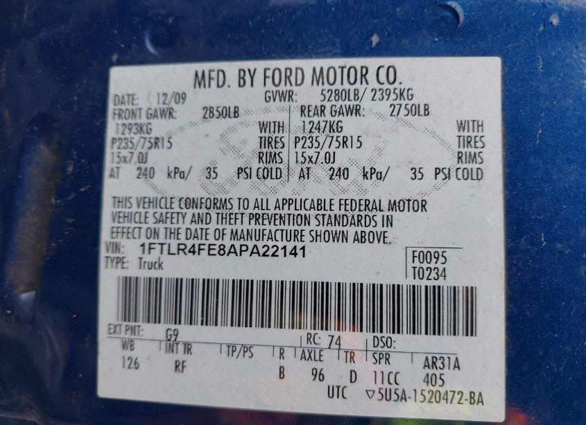 Photo 9 of 2010 Ford Ranger SPORT/XLT (VIN 1FTLR4FE8APA22141)