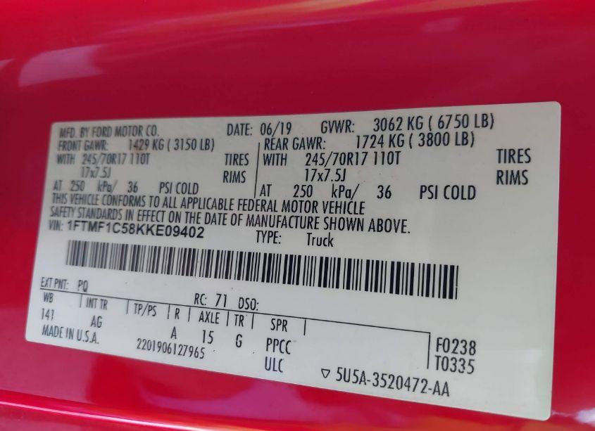 Photo 9 of 2019 Ford F-150 XL (VIN 1FTMF1C58KKE09402)