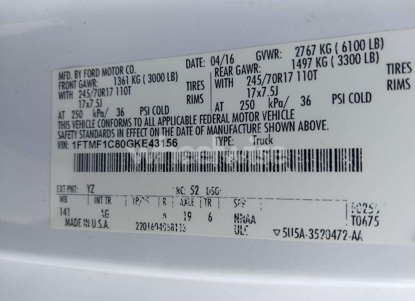 Photo 9 of 2016 Ford F-150 XL (VIN 1FTMF1C80GKE43156)