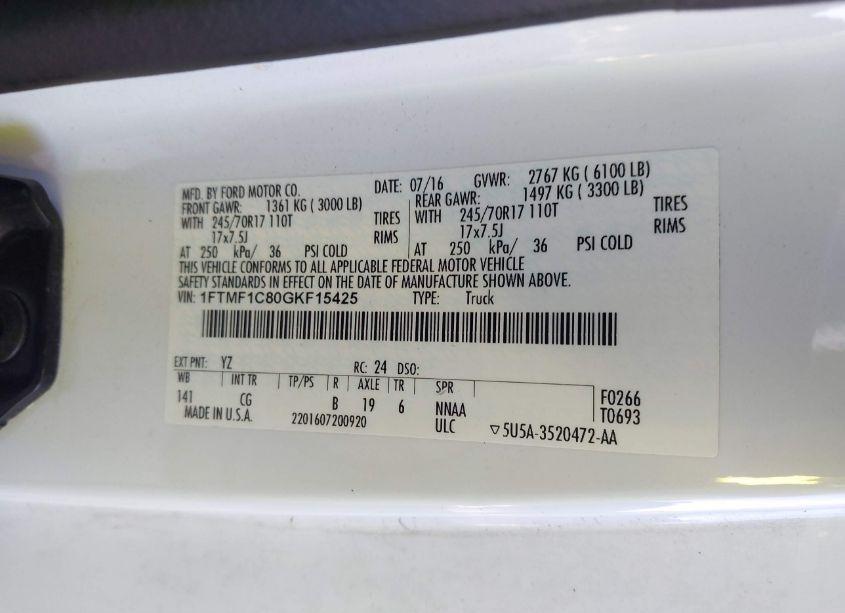 Photo 9 of 2016 Ford F-150 XL (VIN 1FTMF1C80GKF15425)