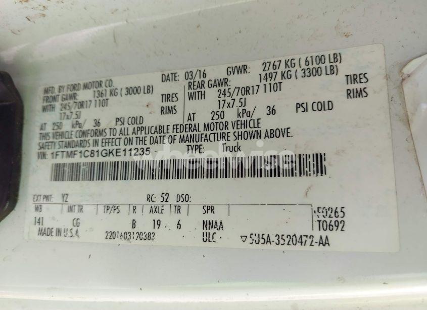 Photo 9 of 2016 Ford F-150 XL (VIN 1FTMF1C81GKE11235)