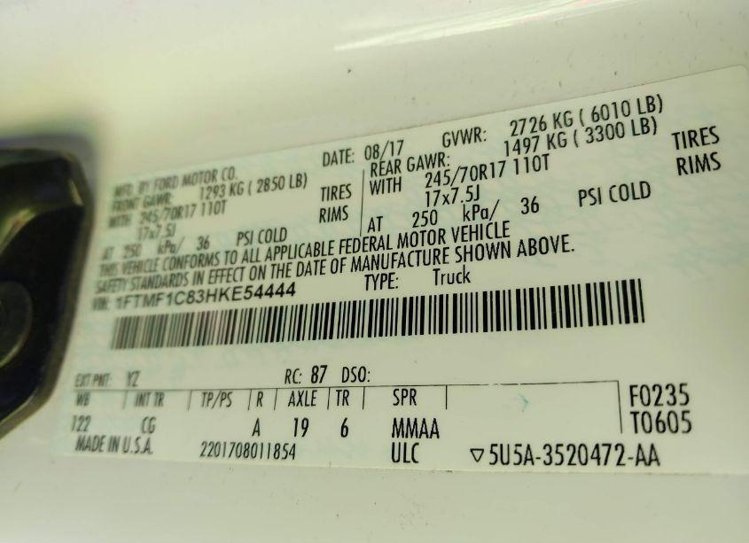 Photo 9 of 2017 Ford F-150 XL (VIN 1FTMF1C83HKE54444)