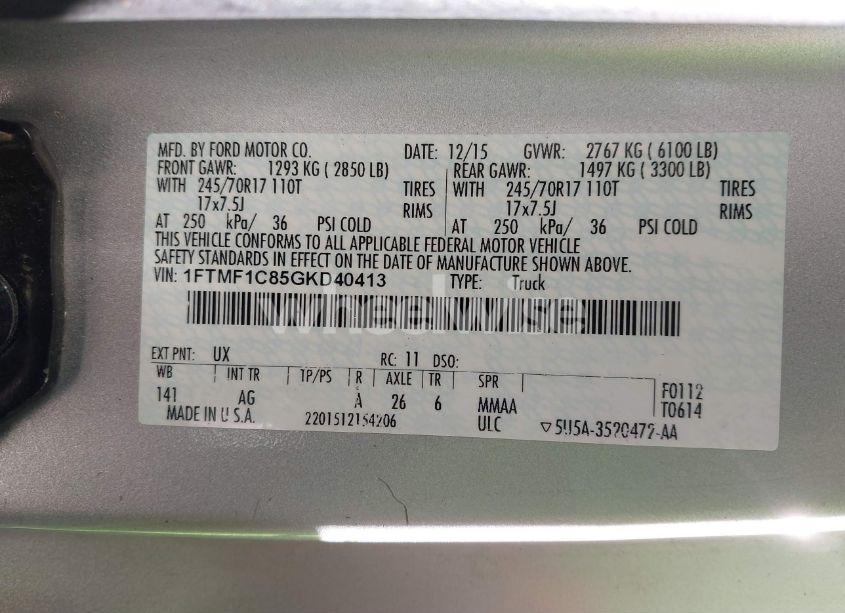 Photo 9 of 2016 Ford F-150 XL (VIN 1FTMF1C85GKD40413)