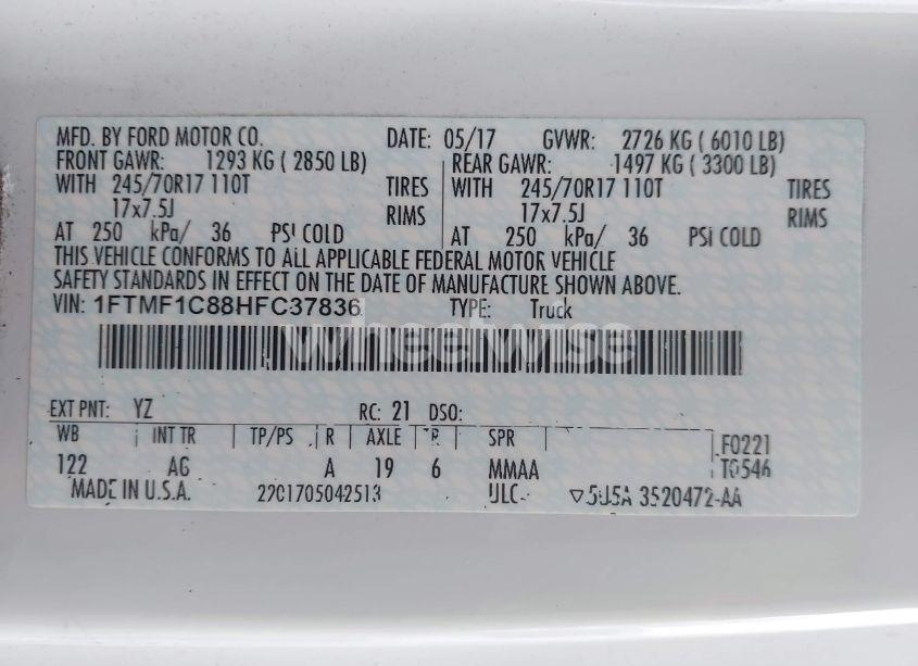 Photo 9 of 2017 Ford F-150 XL (VIN 1FTMF1C88HFC37836)