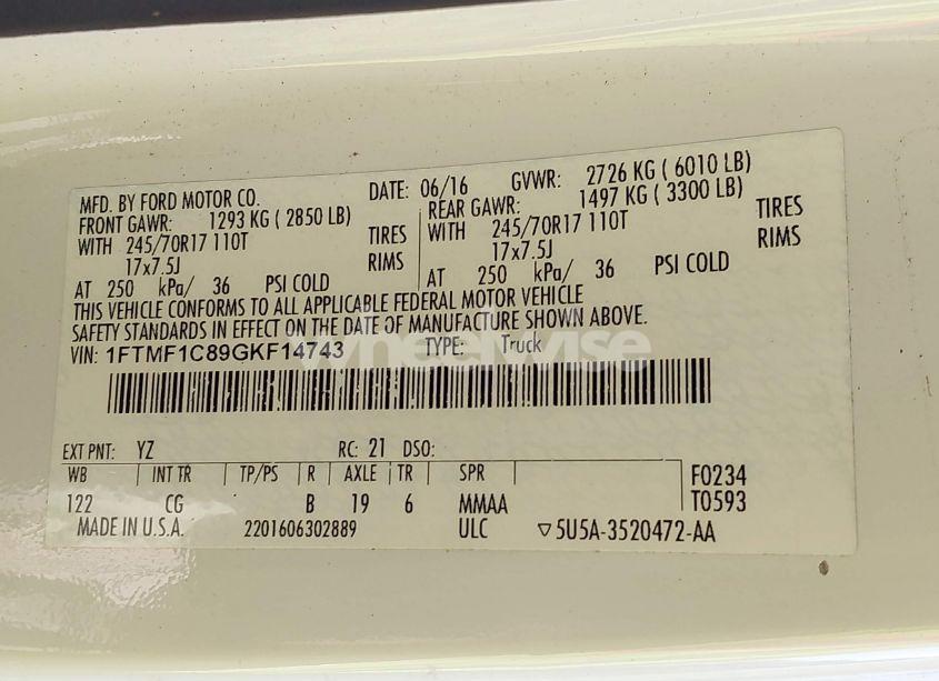 Photo 9 of 2016 Ford F-150 XL (VIN 1FTMF1C89GKF14743)