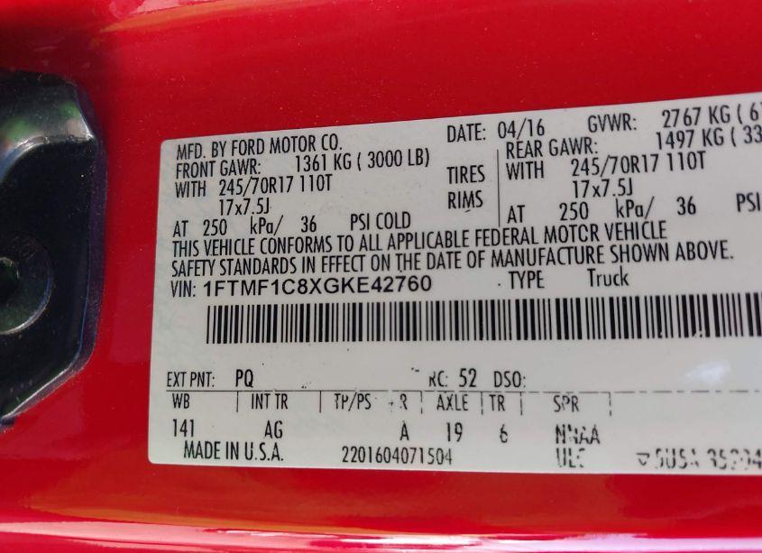 Photo 9 of 2016 Ford F-150 XL (VIN 1FTMF1C8XGKE42760)