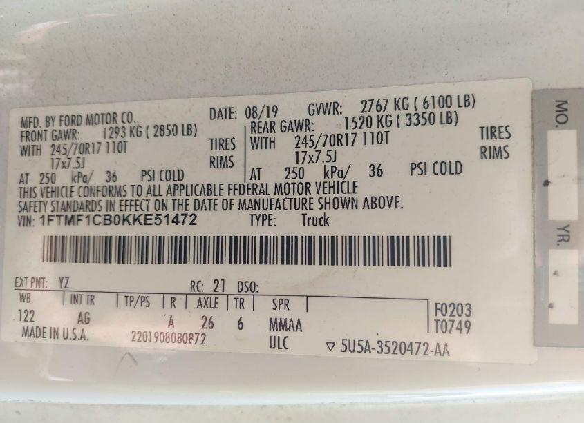 Photo 9 of 2019 Ford F-150 XL (VIN 1FTMF1CB0KKE51472)