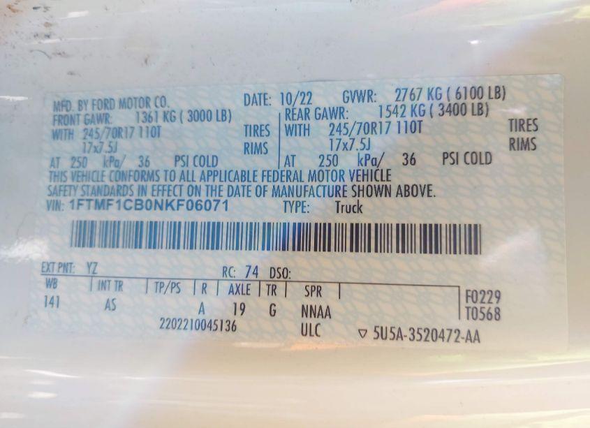 Photo 9 of 2022 Ford F-150 XL (VIN 1FTMF1CB0NKF06071)