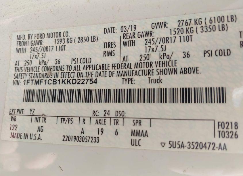 Photo 9 of 2019 Ford F-150 XL (VIN 1FTMF1CB1KKD22754)