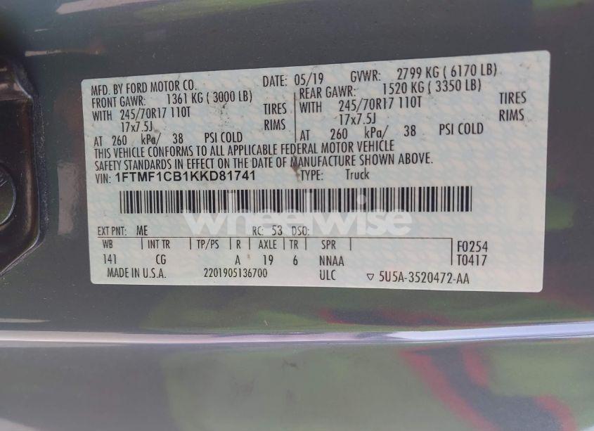 Photo 9 of 2019 Ford F-150 XL (VIN 1FTMF1CB1KKD81741)