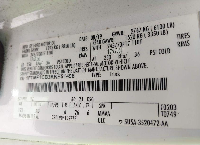 Photo 9 of 2019 Ford F-150 XL (VIN 1FTMF1CB3KKE51496)