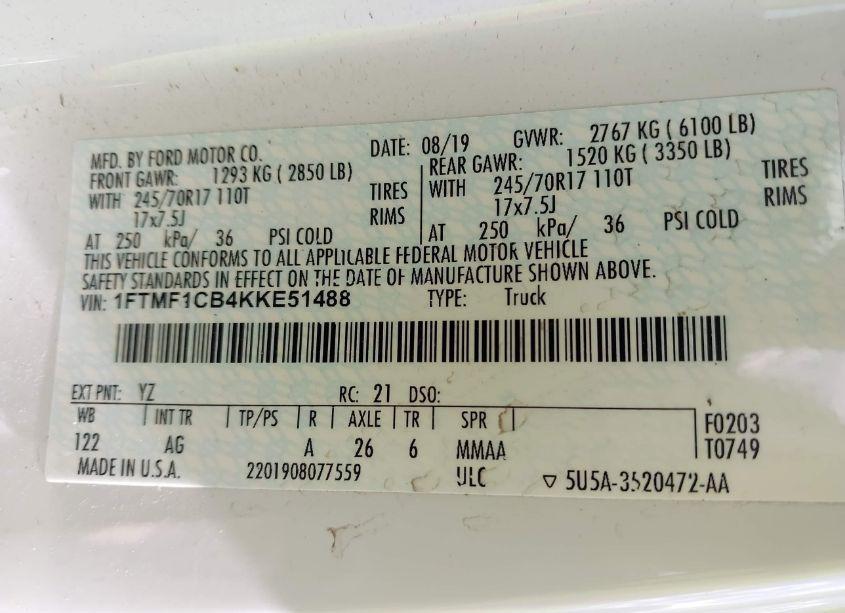 Photo 9 of 2019 Ford F-150 XL (VIN 1FTMF1CB4KKE51488)