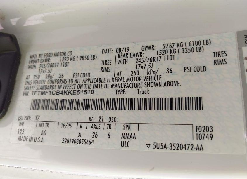 Photo 9 of 2019 Ford F-150 XL (VIN 1FTMF1CB4KKE51510)