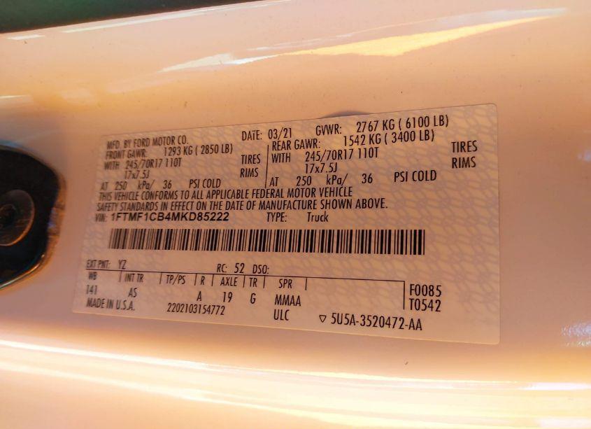 Photo 9 of 2021 Ford F-150 XL (VIN 1FTMF1CB4MKD85222)