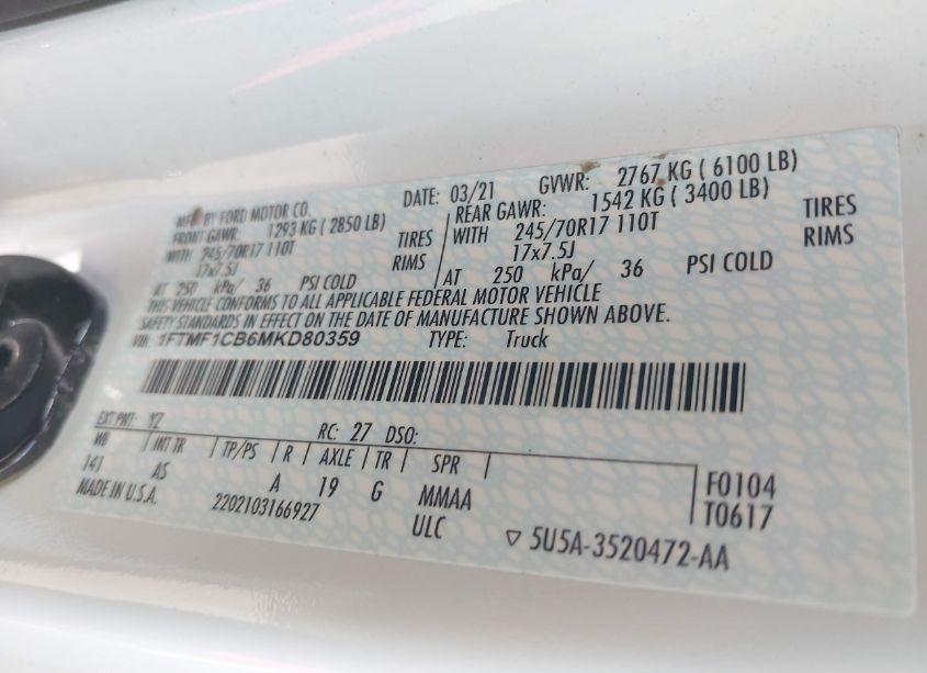 Photo 9 of 2021 Ford F-150 XL (VIN 1FTMF1CB6MKD80359)