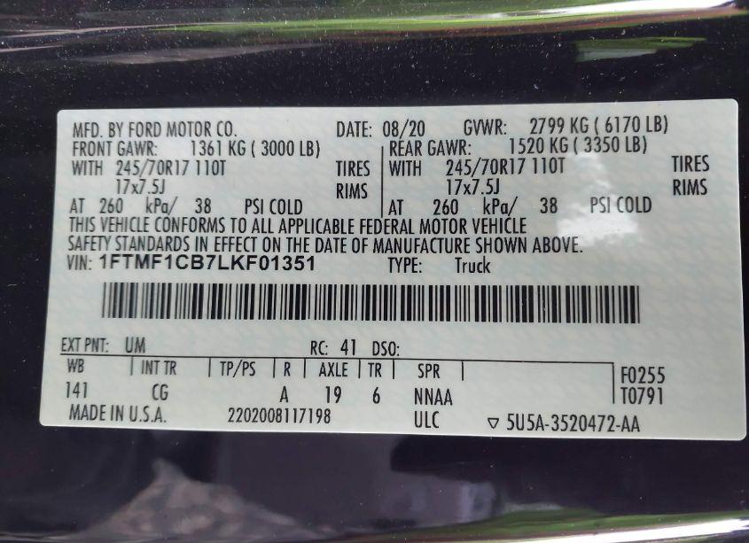 Photo 9 of 2020 Ford F-150 XL (VIN 1FTMF1CB7LKF01351)