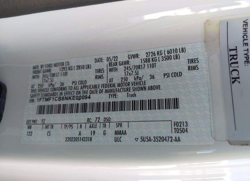 Photo 8 of 2022 Ford F-150 XL (VIN 1FTMF1CB8NKE00094)