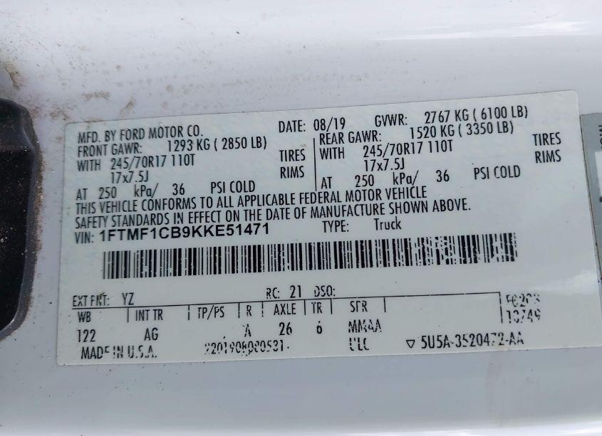 Photo 9 of 2019 Ford F-150 XL (VIN 1FTMF1CB9KKE51471)