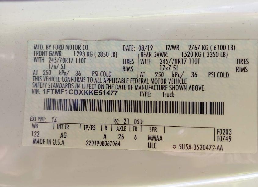 Photo 9 of 2019 Ford F-150 XL (VIN 1FTMF1CBXKKE51477)