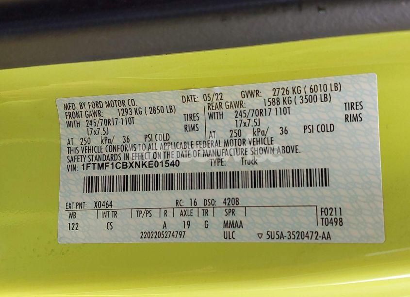 Photo 9 of 2022 Ford F-150 XL (VIN 1FTMF1CBXNKE01540)