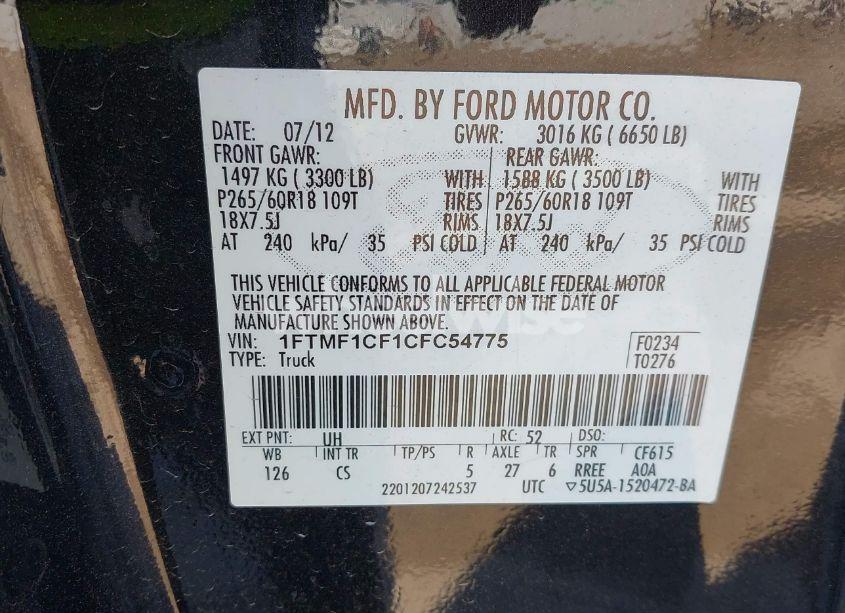 Photo 9 of 2012 Ford F-150 STX (VIN 1FTMF1CF1CFC54775)