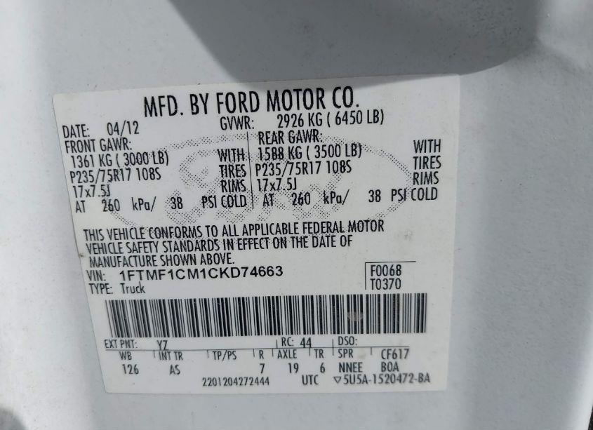 Photo 9 of 2012 Ford F-150 XL (VIN 1FTMF1CM1CKD74663)