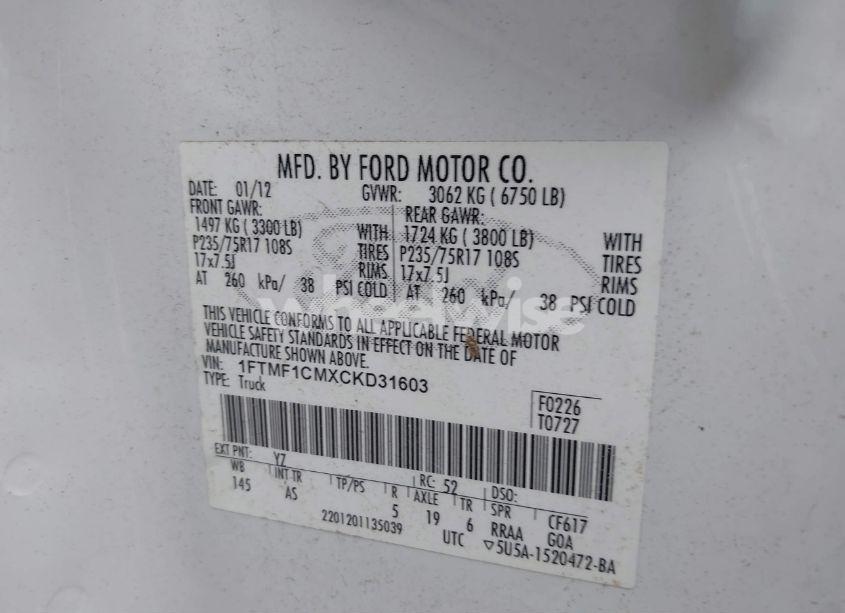 Photo 9 of 2012 Ford F-150 XL (VIN 1FTMF1CMXCKD31603)