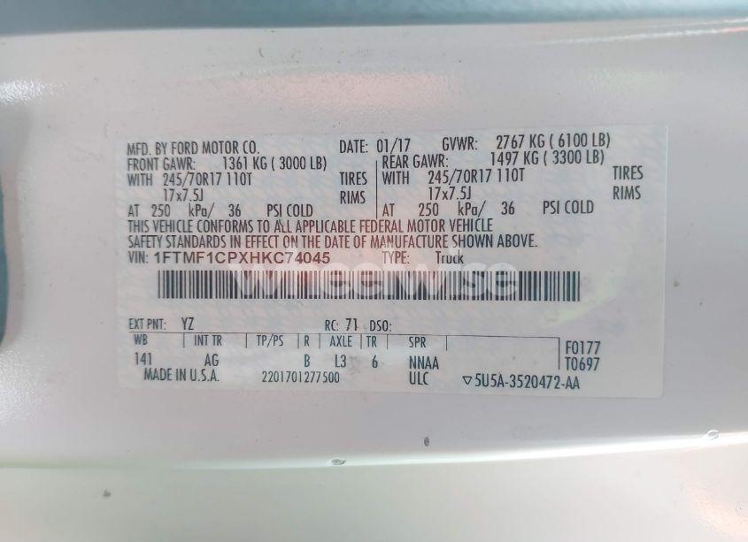 Photo 9 of 2017 Ford F-150 XL (VIN 1FTMF1CPXHKC74045)