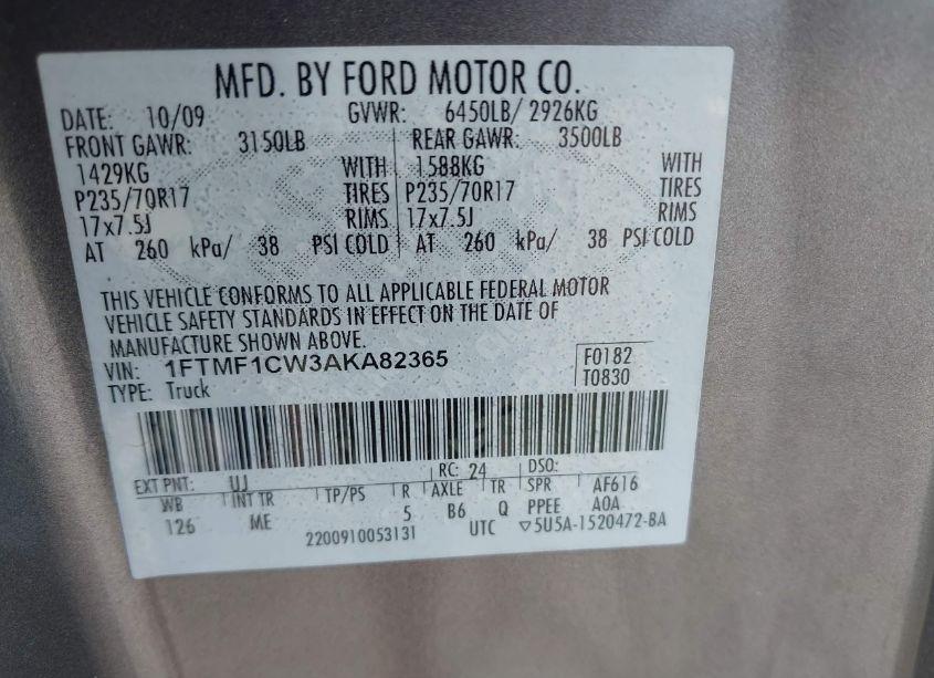 Photo 9 of 2010 Ford F-150 STX/XL/XLT (VIN 1FTMF1CW3AKA82365)