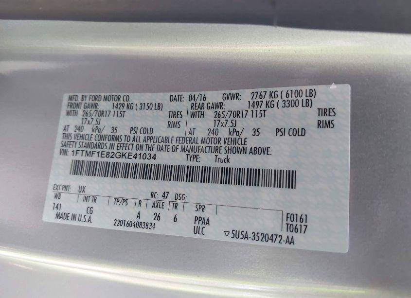 Photo 9 of 2016 Ford F-150 XL (VIN 1FTMF1E82GKE41034)