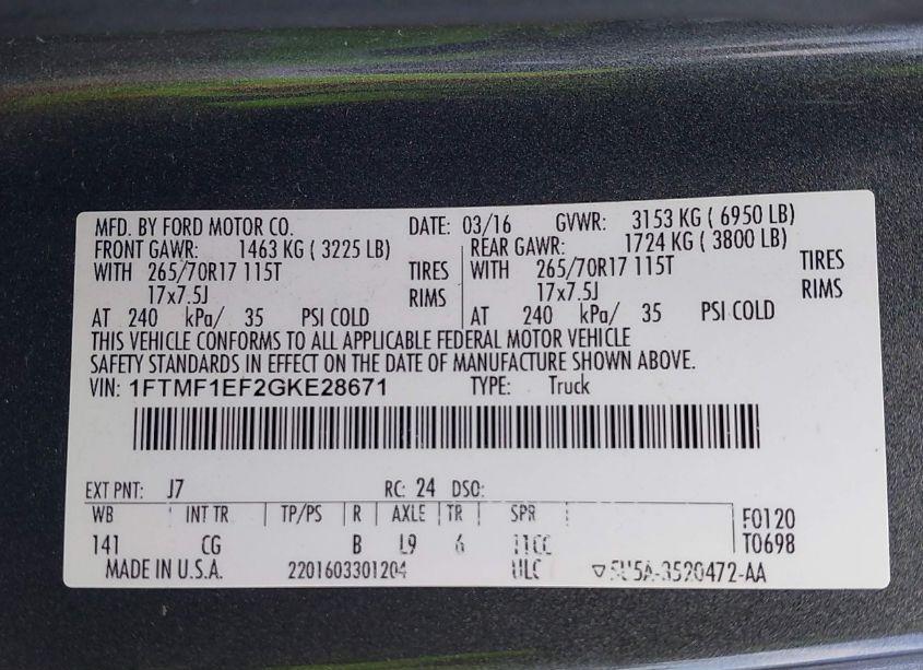 Photo 9 of 2016 Ford F-150 XL (VIN 1FTMF1EF2GKE28671)