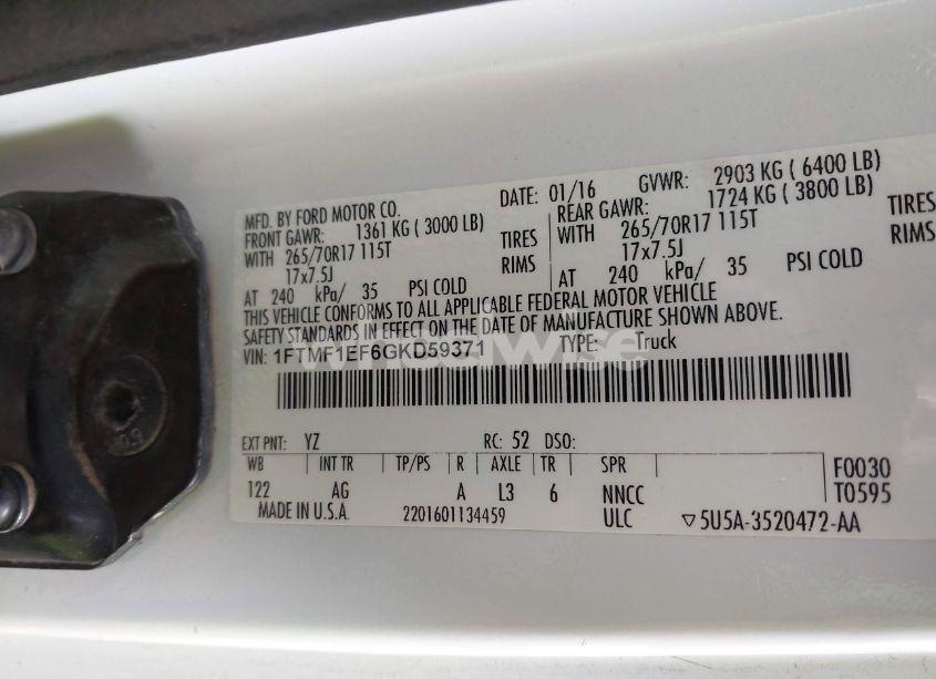 Photo 9 of 2016 Ford F-150 XL (VIN 1FTMF1EF6GKD59371)