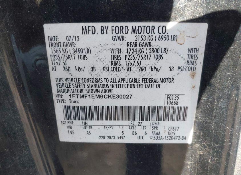 Photo 9 of 2012 Ford F-150 XL (VIN 1FTMF1EM6CKE30027)