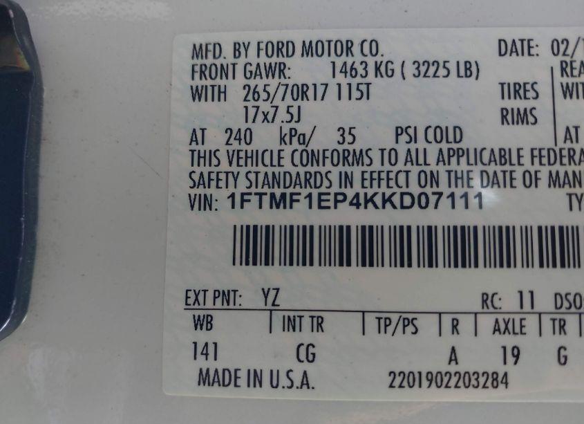 Photo 9 of 2019 Ford F-150 XL (VIN 1FTMF1EP4KKD07111)