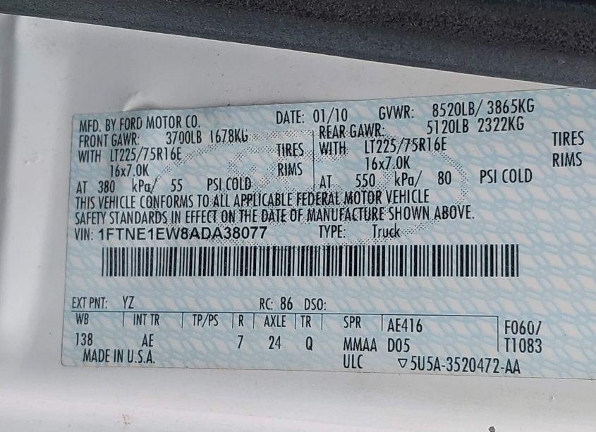 Photo 8 of 2010 Ford E-150 COMMERCIAL/RECREATIONAL (VIN 1FTNE1EW8ADA38077)