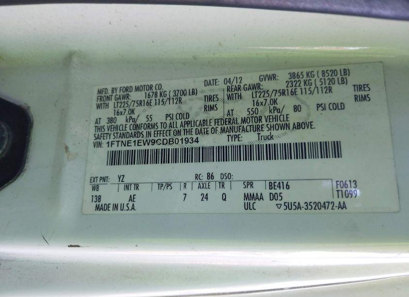 Photo 9 of 2012 Ford E-150 COMMERCIAL (VIN 1FTNE1EW9CDB01934)