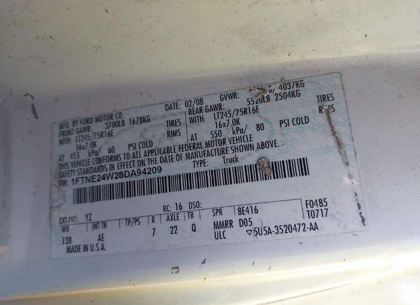 Photo 9 of 2008 Ford E-250 COMMERCIAL/RECREATIONAL (VIN 1FTNE24W28DA94209)
