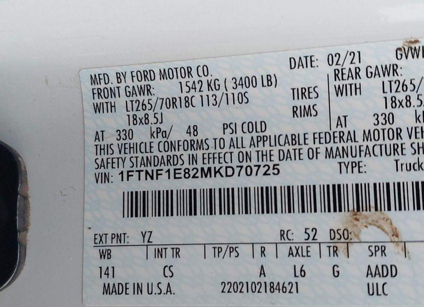 Photo 9 of 2021 Ford F-150 XL (VIN 1FTNF1E82MKD70725)