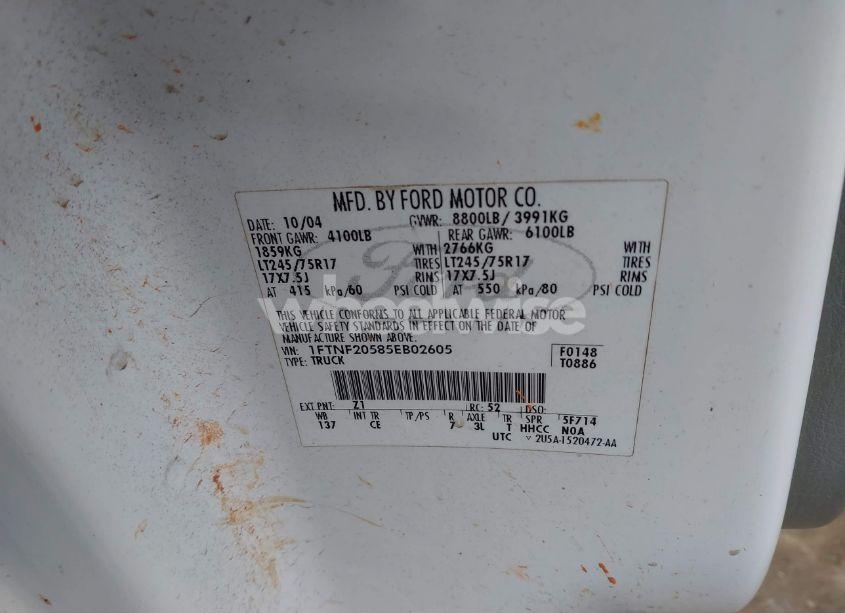 Photo 9 of 2005 Ford F-250 XL/XLT (VIN 1FTNF20585EB02605)