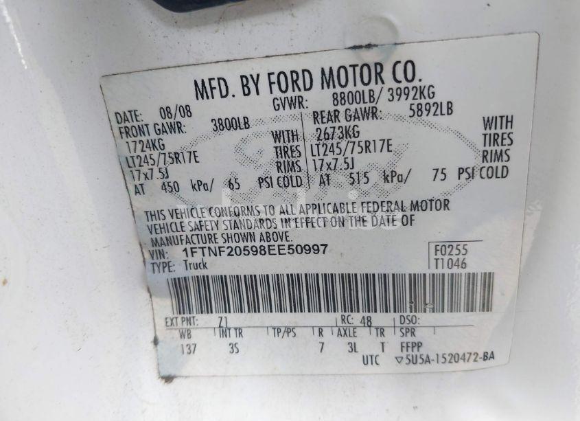 Photo 9 of 2008 Ford F-250 XL/XLT (VIN 1FTNF20598EE50997)