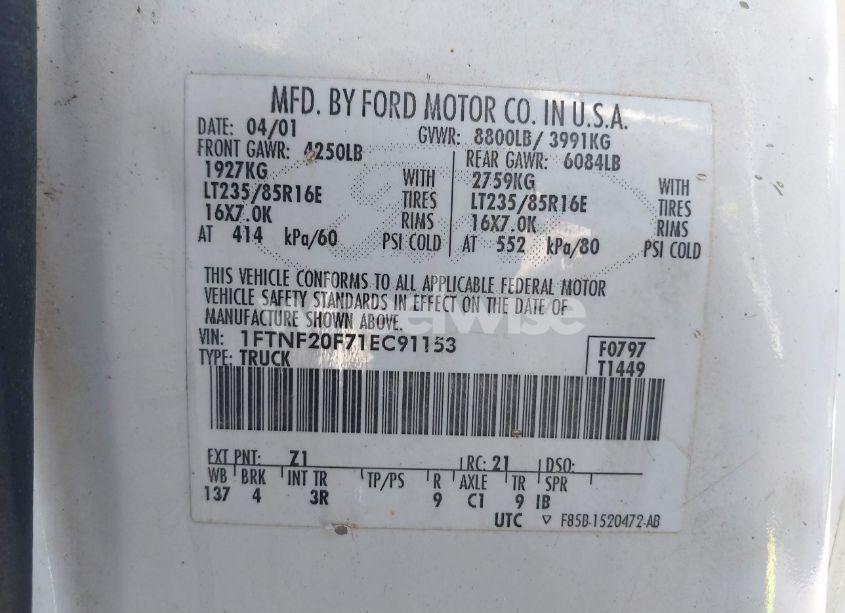 Photo 9 of 2001 Ford F-250 XL/XLT (VIN 1FTNF20F71EC91153)