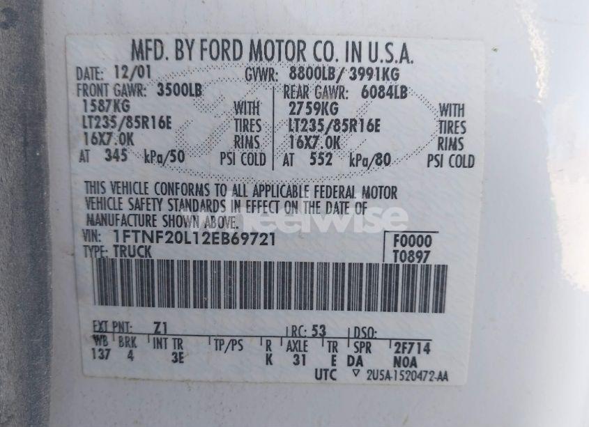 Photo 9 of 2002 Ford F-250 XL/XLT (VIN 1FTNF20L12EB69721)