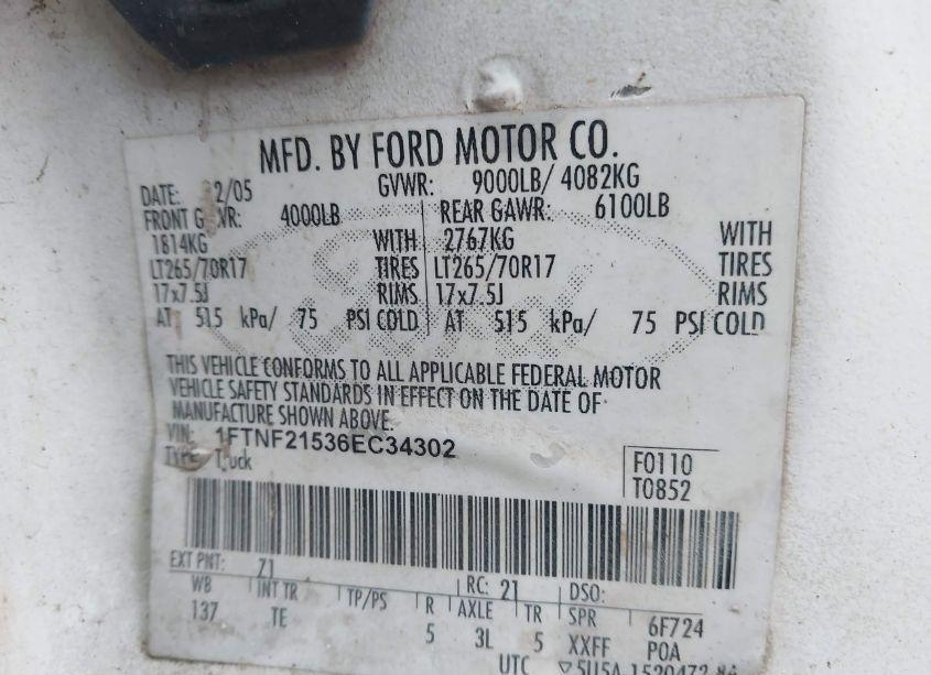 Photo 9 of 2006 Ford F-250 XL/XLT (VIN 1FTNF21536EC34302)