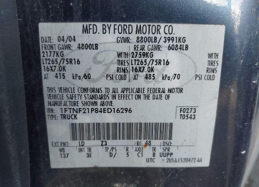 Photo 9 of 2004 Ford F-250 XL/XLT (VIN 1FTNF21P84ED16296)