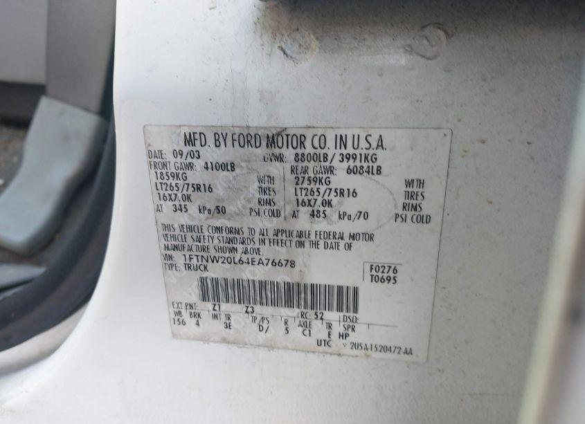 Photo 9 of 2004 Ford F-250 LARIAT/XL/XLT (VIN 1FTNW20L64EA76678)