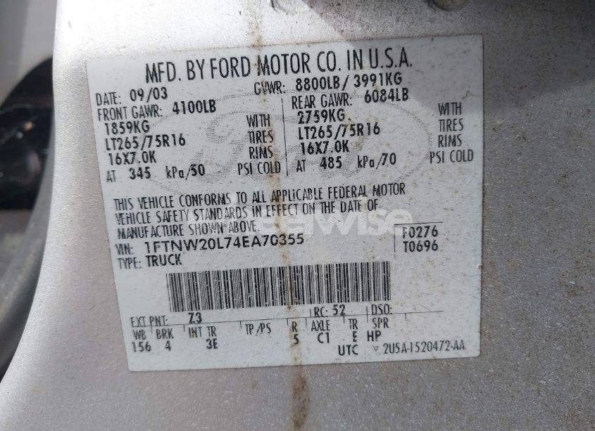 Photo 9 of 2004 Ford F-250 LARIAT/XL/XLT (VIN 1FTNW20L74EA70355)