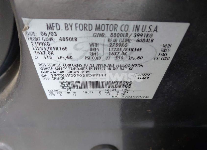 Photo 9 of 2003 Ford F-250 LARIAT/XL/XLT (VIN 1FTNW20P03ED89114)