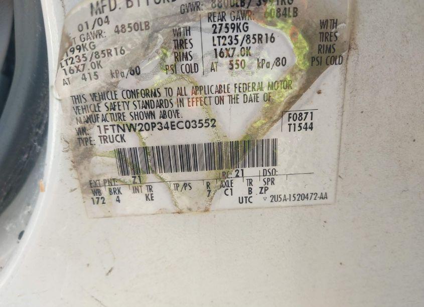 Photo 9 of 2004 Ford F-250 LARIAT/XL/XLT (VIN 1FTNW20P34EC03552)